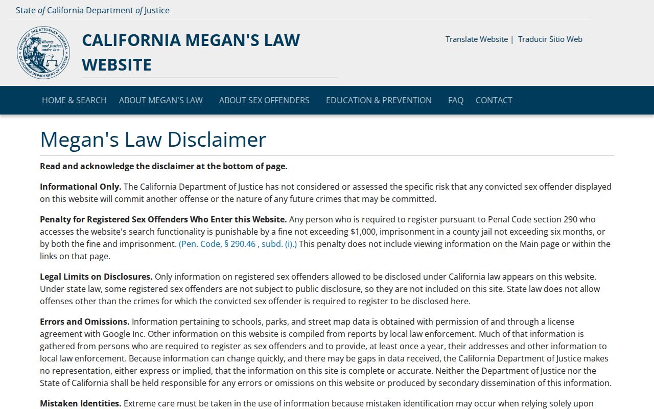 Galt neighbors California Megan's Law registry disclaimer